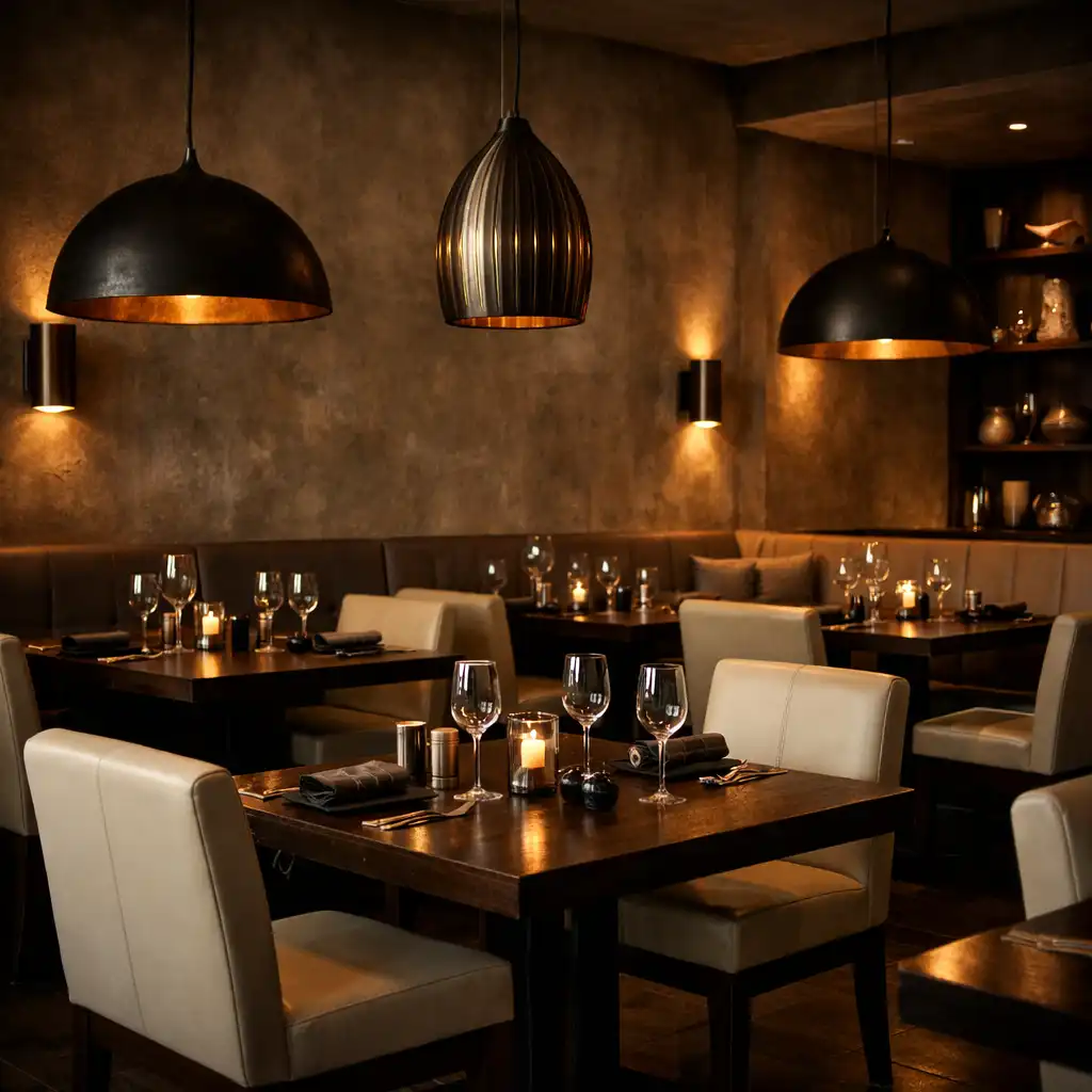 Prostřený jídelní stůl v industriálně-luxusní restauraci s teplým betonem, tmavým dubem a koženými židlemi