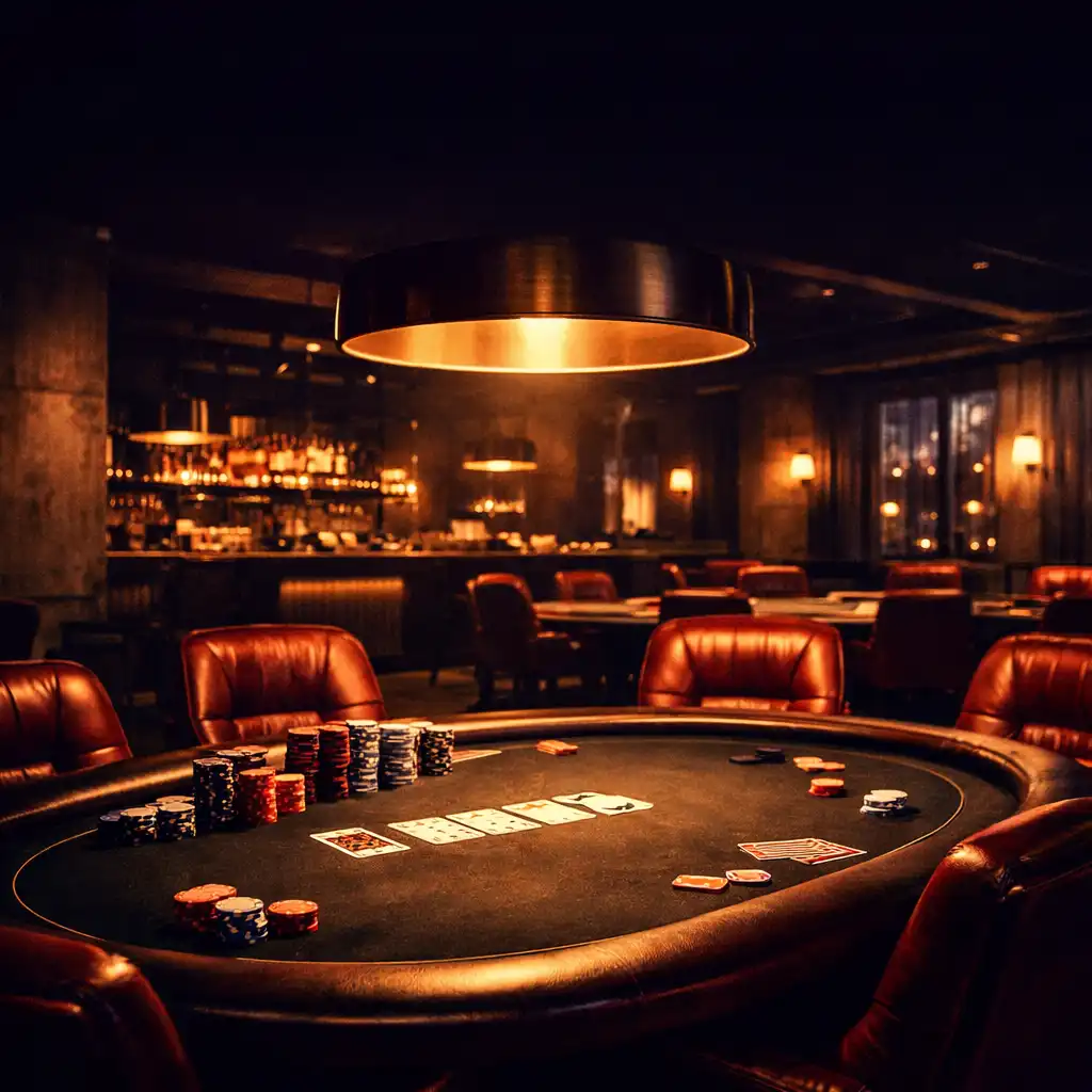 Pohled do industriálně-luxusní pokerové herny Stolplny Chuti s pokerovým stolem, žetony a dramatickým osvětlením