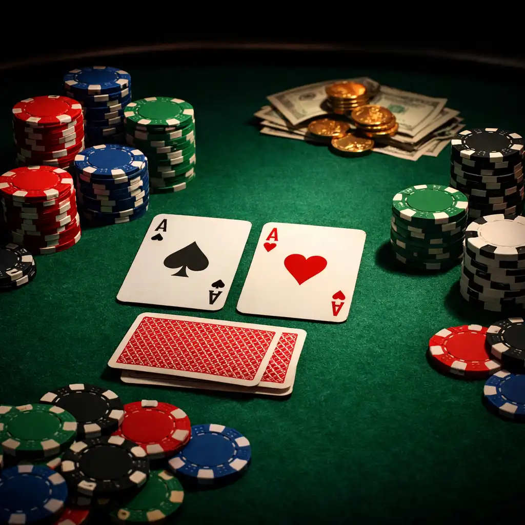 Detail pokerového stolu se zeleným plstěným povrchem, barevnými žetony a balíčkem karet